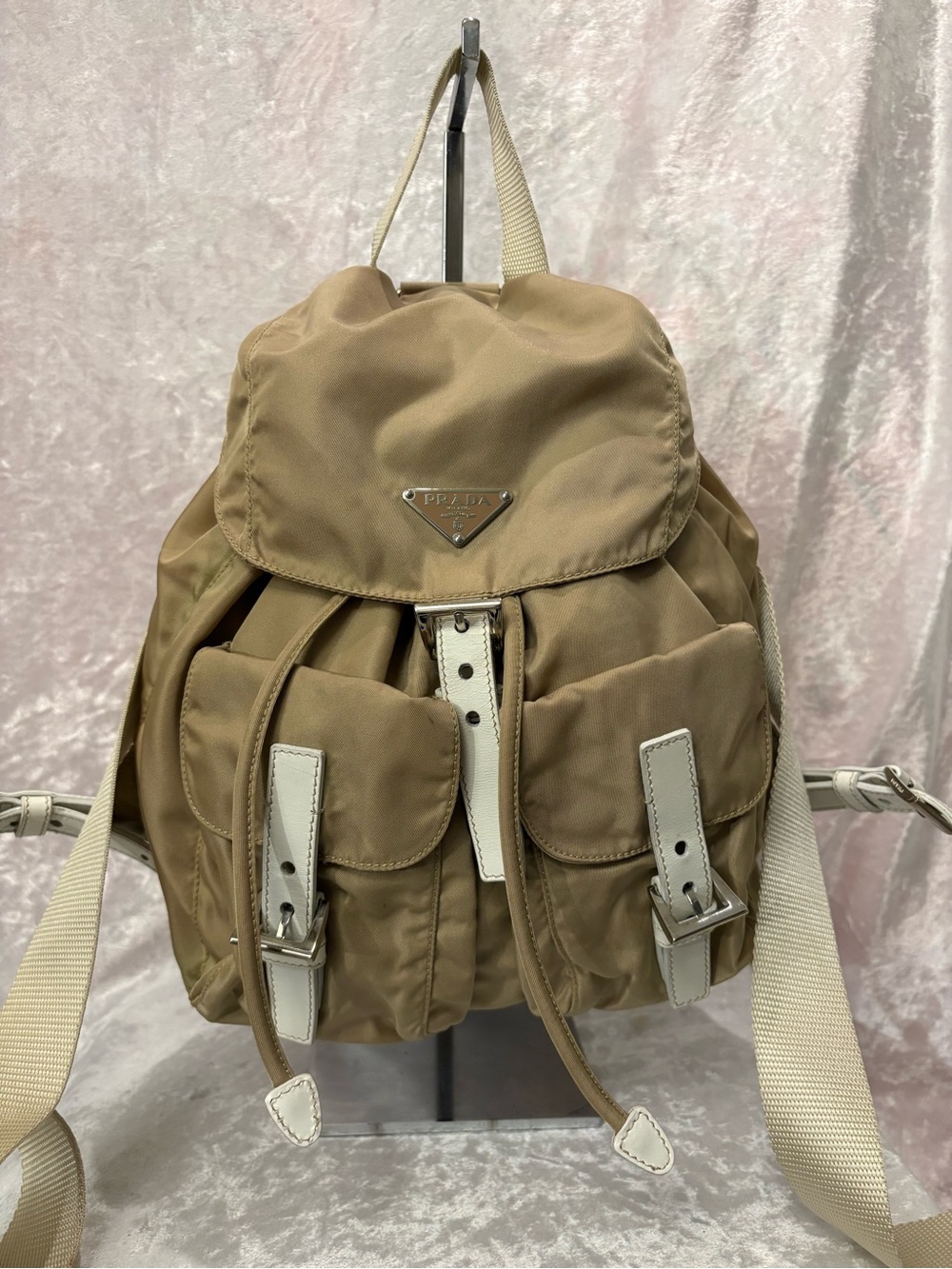 Prada Tessuto Medium Nylon Backpack Beige white leather trim
